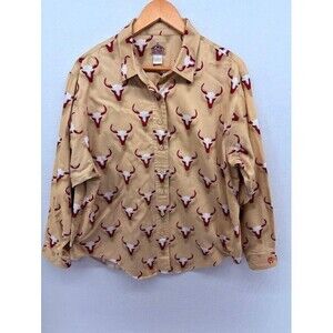 Barn Fly Womens Size Large Shirt‎ Tan Longhorn Western Button Up Made in USA